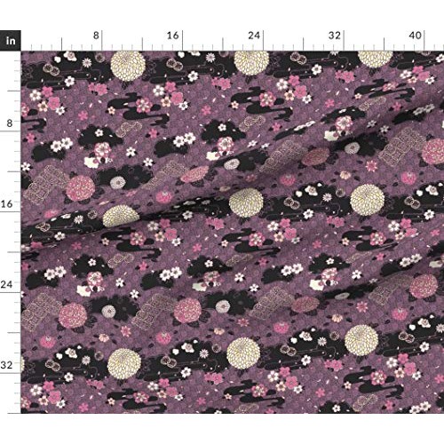 Spoonflower Fabric - Flowers Pink Purple Black Japanese Flower Che...