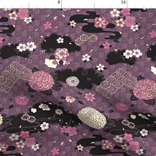 Spoonflower Fabric - Flowers Pink Purple Black Japanese Flower Che...