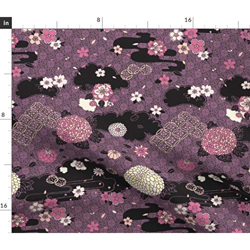 Spoonflower Fabric - Flowers Pink Purple Black Japanese Flower Che...