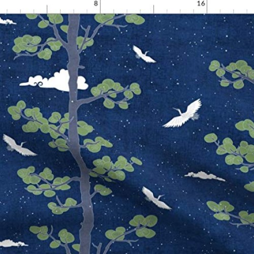 Spoonflower Fabric - Forest Crane Indigo Japanese Print Bird Tree ...