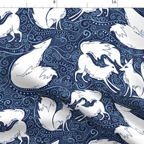 Spoonflower Fabric - Foxes Winter Arctic Fox Print Holidays Blue D...