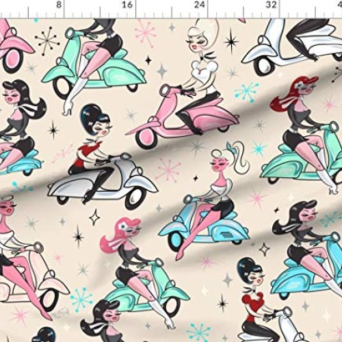 Spoonflower Fabric - Girls Large Vintage Retro Art Pinup Rockabill...