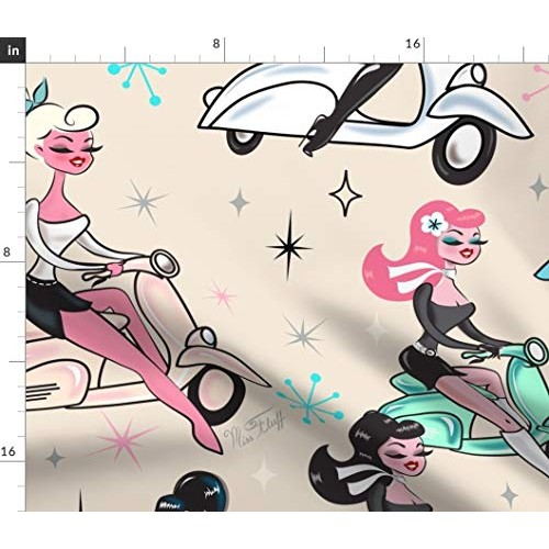 Spoonflower Fabric - Girls Large Vintage Retro Art Pinup Rockabill...