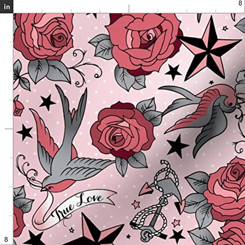Spoonflower Fabric - Girly Tattoo Retro Rockabilly Roses Skull Sta...