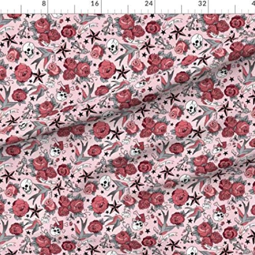 Spoonflower Fabric - Girly Tattoo Retro Rockabilly Roses Skull Sta...
