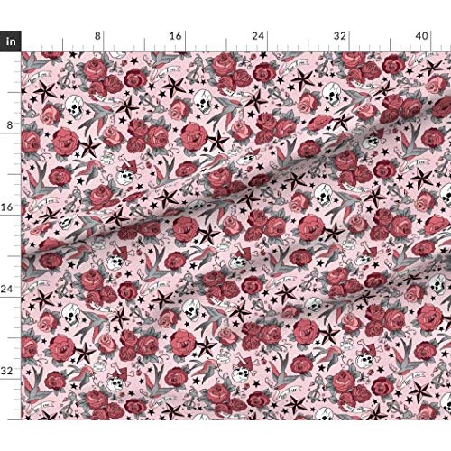 Spoonflower Fabric - Girly Tattoo Retro Rockabilly Roses Skull Sta...