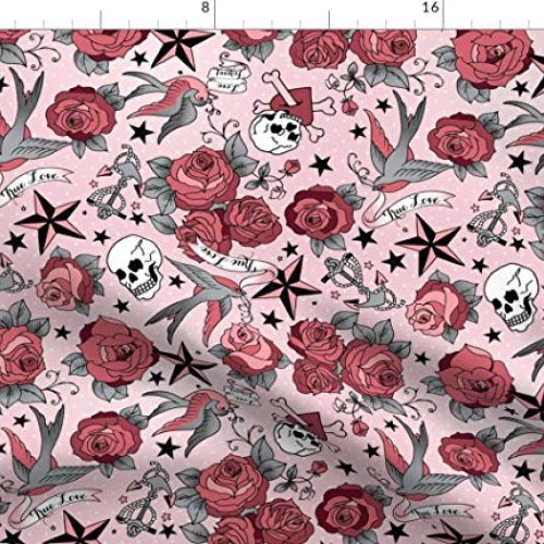 Spoonflower Fabric - Girly Tattoo Retro Rockabilly Roses Skull Sta...