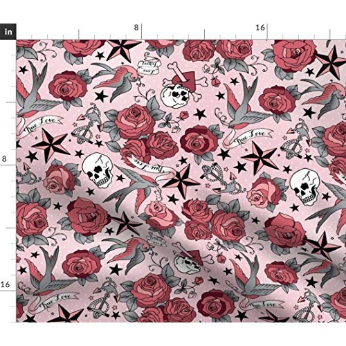 Spoonflower Fabric - Girly Tattoo Retro Rockabilly Roses Skull Sta...