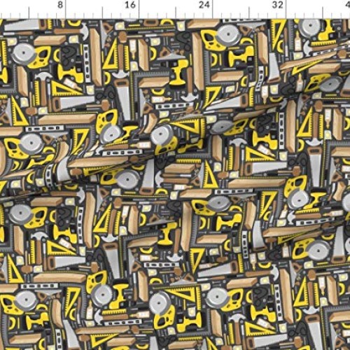 Spoonflower Fabric - Gray Yellow Wood Saw Tools Man Dad Novelty Pr...