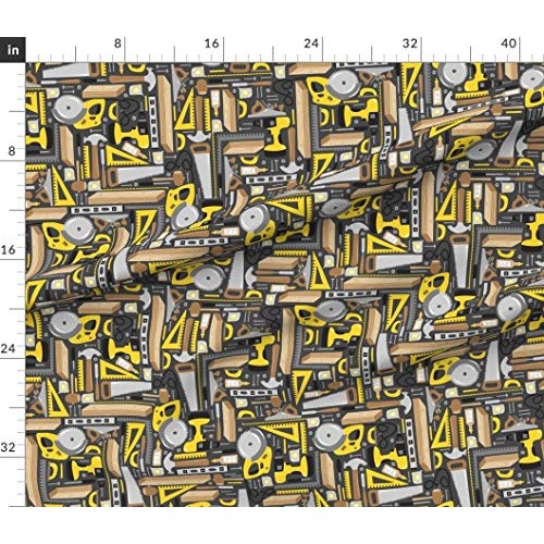 Spoonflower Fabric - Gray Yellow Wood Saw Tools Man Dad Novelty Pr...