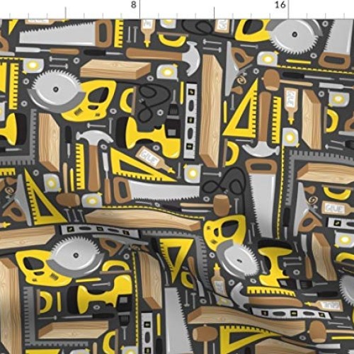 Spoonflower Fabric - Gray Yellow Wood Saw Tools Man Dad Novelty Pr...