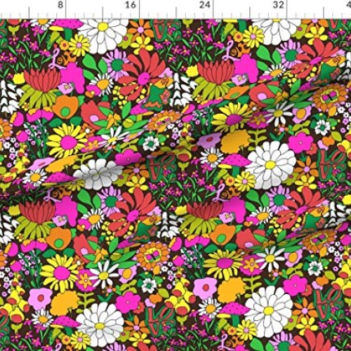 Spoonflower Fabric - Groovy Garden Chocolate Brown 1960s Mid Centu...