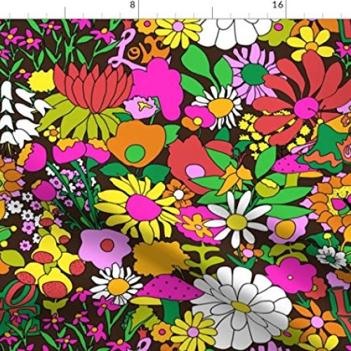 Spoonflower Fabric - Groovy Garden Chocolate Brown 1960s Mid Centu...