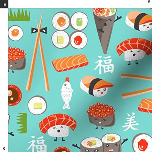Spoonflower Fabric - Happy Sushi Japanese Kawaii Food Whimsical Aq...
