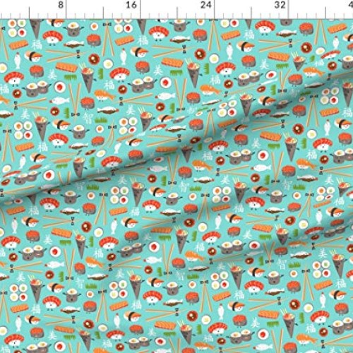 Spoonflower Fabric - Happy Sushi Japanese Kawaii Food Whimsical Aq...