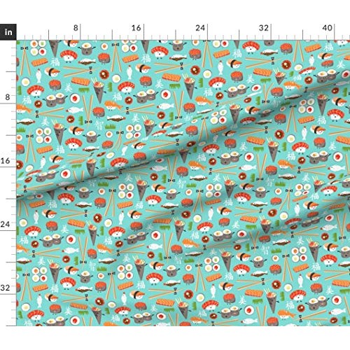 Spoonflower Fabric - Happy Sushi Japanese Kawaii Food Whimsical Aq...