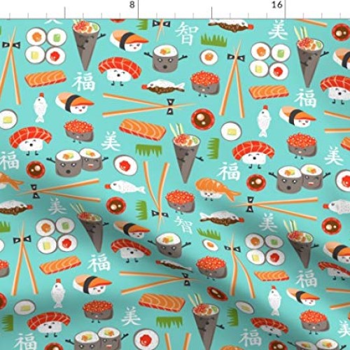 Spoonflower Fabric - Happy Sushi Japanese Kawaii Food Whimsical Aq...