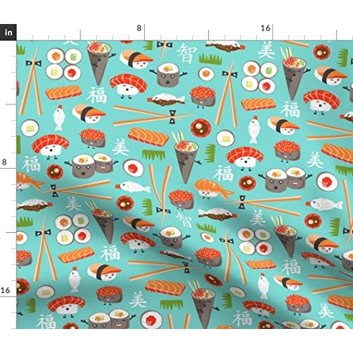 Spoonflower Fabric - Happy Sushi Japanese Kawaii Food Whimsical Aq...