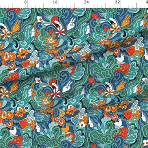 Spoonflower Fabric - Hippie Dream 1960s Doodles Floral Retro Mushr...