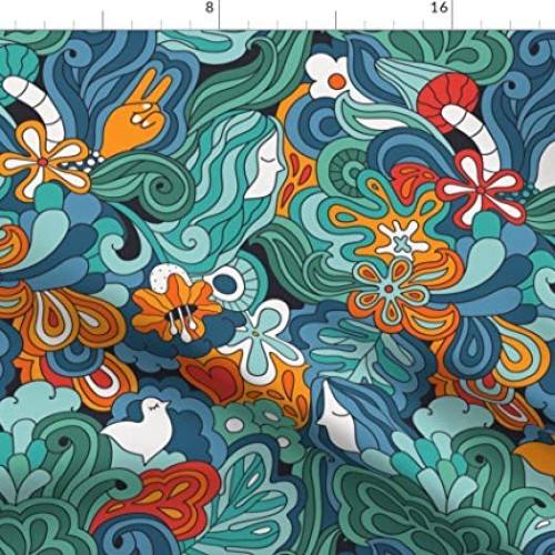 Spoonflower Fabric - Hippie Dream 1960s Doodles Floral Retro Mushr...