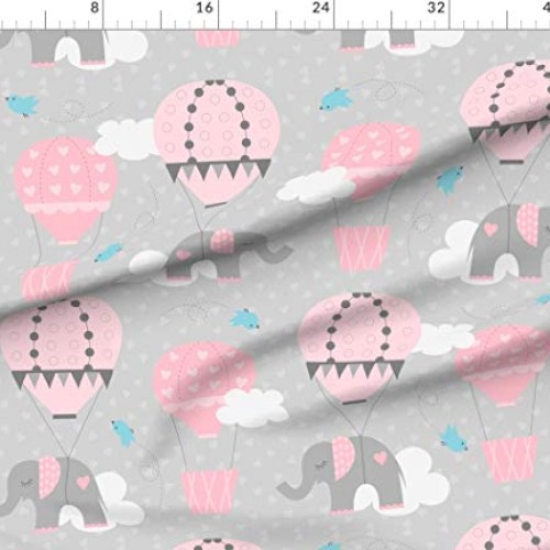 Spoonflower Fabric - Hot Air Elephants Gray Balloon Pink Flight Fl...