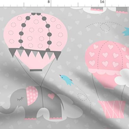 Spoonflower Fabric - Hot Air Elephants Gray Balloon Pink Flight Fl...
