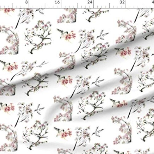Spoonflower Fabric - Hummingbirds Flowers White Background Humming...