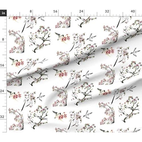 Spoonflower Fabric - Hummingbirds Flowers White Background Humming...