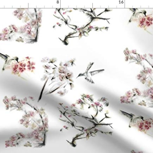 Spoonflower Fabric - Hummingbirds Flowers White Background Humming...