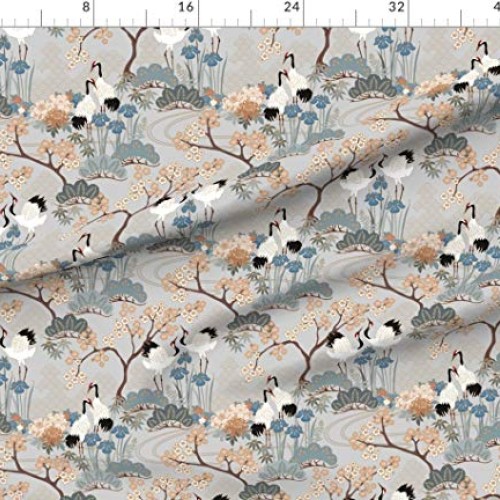 Spoonflower Fabric - Japanese, Garden, Crane, Cranes, Cherry Bloss...