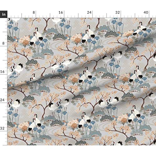 Spoonflower Fabric - Japanese, Garden, Crane, Cranes, Cherry Bloss...
