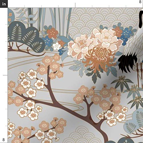 Spoonflower Fabric - Japanese, Garden, Crane, Cranes, Cherry Bloss...