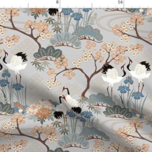Spoonflower Fabric - Japanese, Garden, Crane, Cranes, Cherry Bloss...
