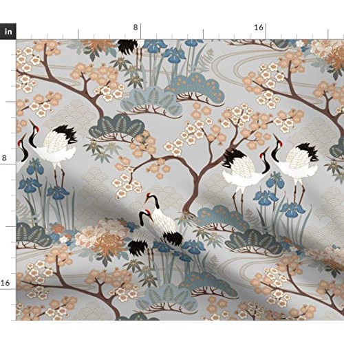 Spoonflower Fabric - Japanese, Garden, Crane, Cranes, Cherry Bloss...