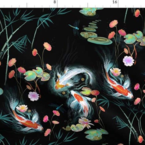 Spoonflower Fabric - Koi, Fish, Japanese, Water Garden, Black, Chi...