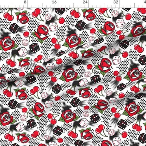 Spoonflower Fabric - Luck White Rockabilly Retro Vintage Rose Flor...