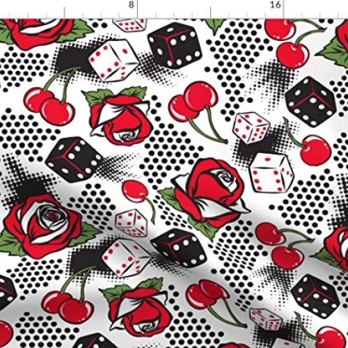 Spoonflower Fabric - Luck White Rockabilly Retro Vintage Rose Flor...