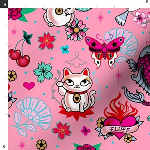 Spoonflower Fabric - Lucky Cat Dragons Koi Fish Pink Medium Cats J...