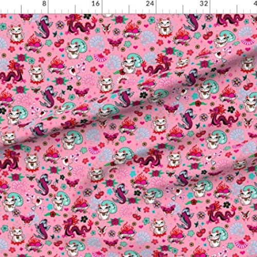 Spoonflower Fabric - Lucky Cat Dragons Koi Fish Pink Medium Cats J...