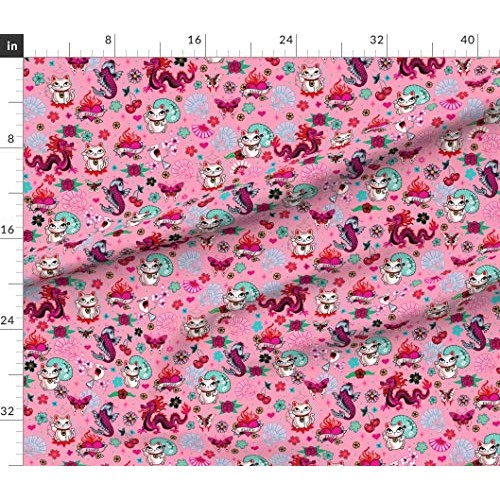 Spoonflower Fabric - Lucky Cat Dragons Koi Fish Pink Medium Cats J...