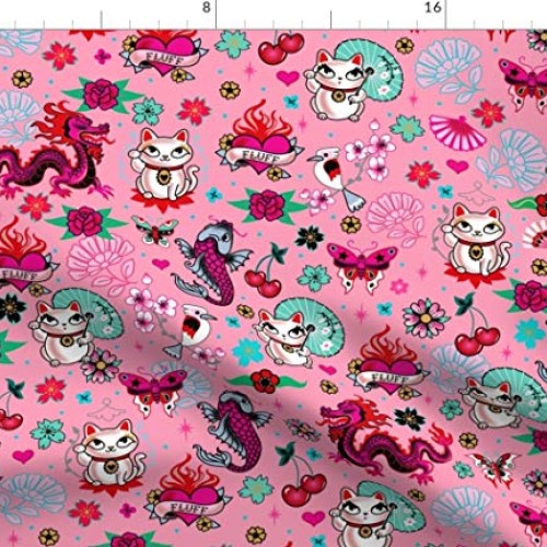 Spoonflower Fabric - Lucky Cat Dragons Koi Fish Pink Medium Cats J...