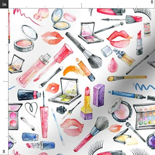 Spoonflower Fabric - Makeup Lipstick Girly Kisses Lips Watercolor ...