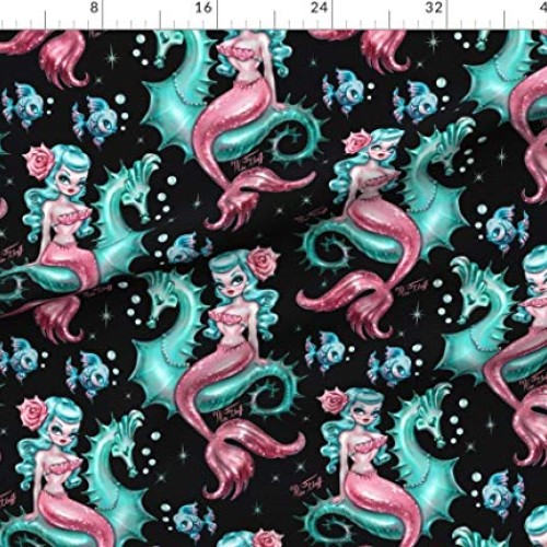 Spoonflower Fabric - Mermaid Black Large Vintage Retro Mermaids Se...