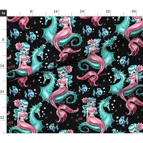 Spoonflower Fabric - Mermaid Black Large Vintage Retro Mermaids Se...
