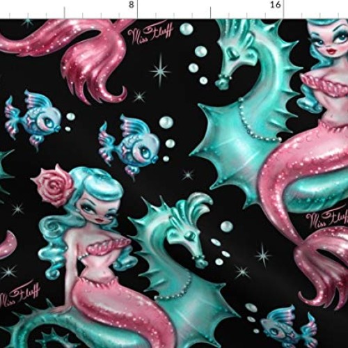 Spoonflower Fabric - Mermaid Black Large Vintage Retro Mermaids Se...