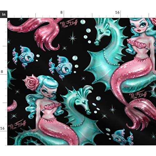 Spoonflower Fabric - Mermaid Black Large Vintage Retro Mermaids Se...