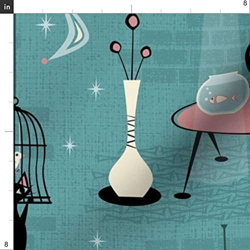 Spoonflower Fabric - Mid Century Kitty Cat Retro Fifties 1950s Bir...