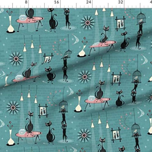 Spoonflower Fabric - Mid Century Kitty Cat Retro Fifties 1950s Bir...
