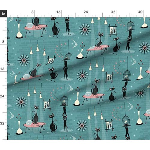 Spoonflower Fabric - Mid Century Kitty Cat Retro Fifties 1950s Bir...
