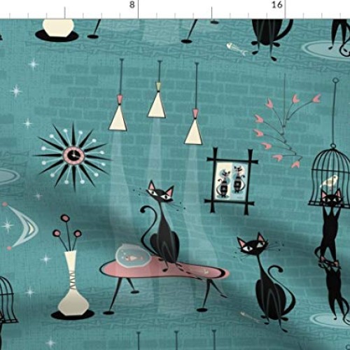 Spoonflower Fabric - Mid Century Kitty Cat Retro Fifties 1950s Bir...